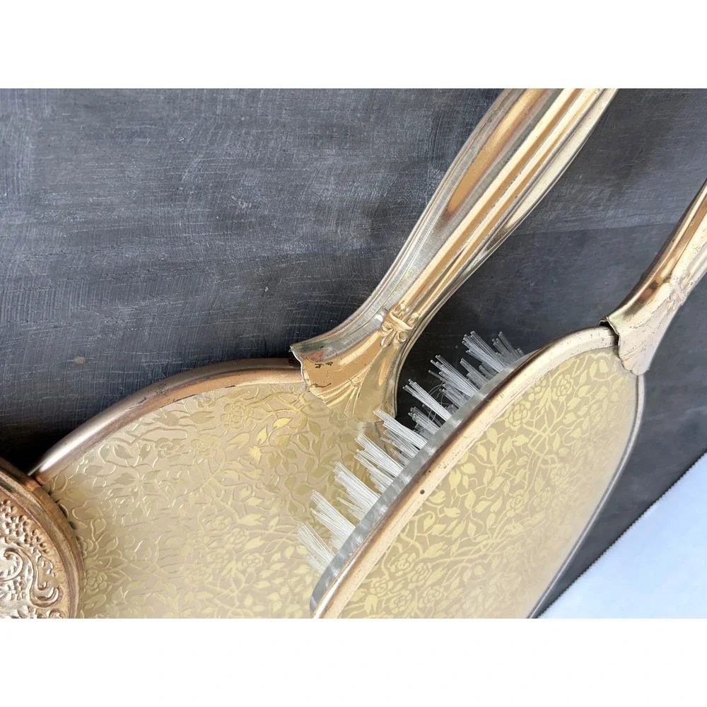 Vintage Gold Tone Floral Vanity Set Hand Mirror Hairbrush Compact 3 Piece Set
